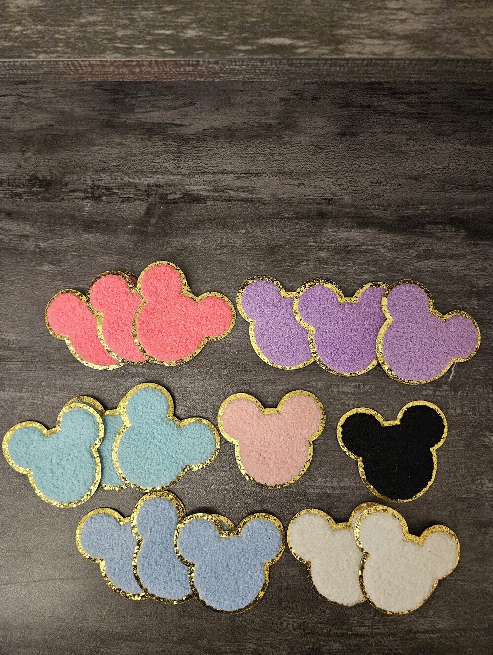 Mickey Ears Chenille Patches with Gold Glitter Trim - Assorted Colors Lot of 16